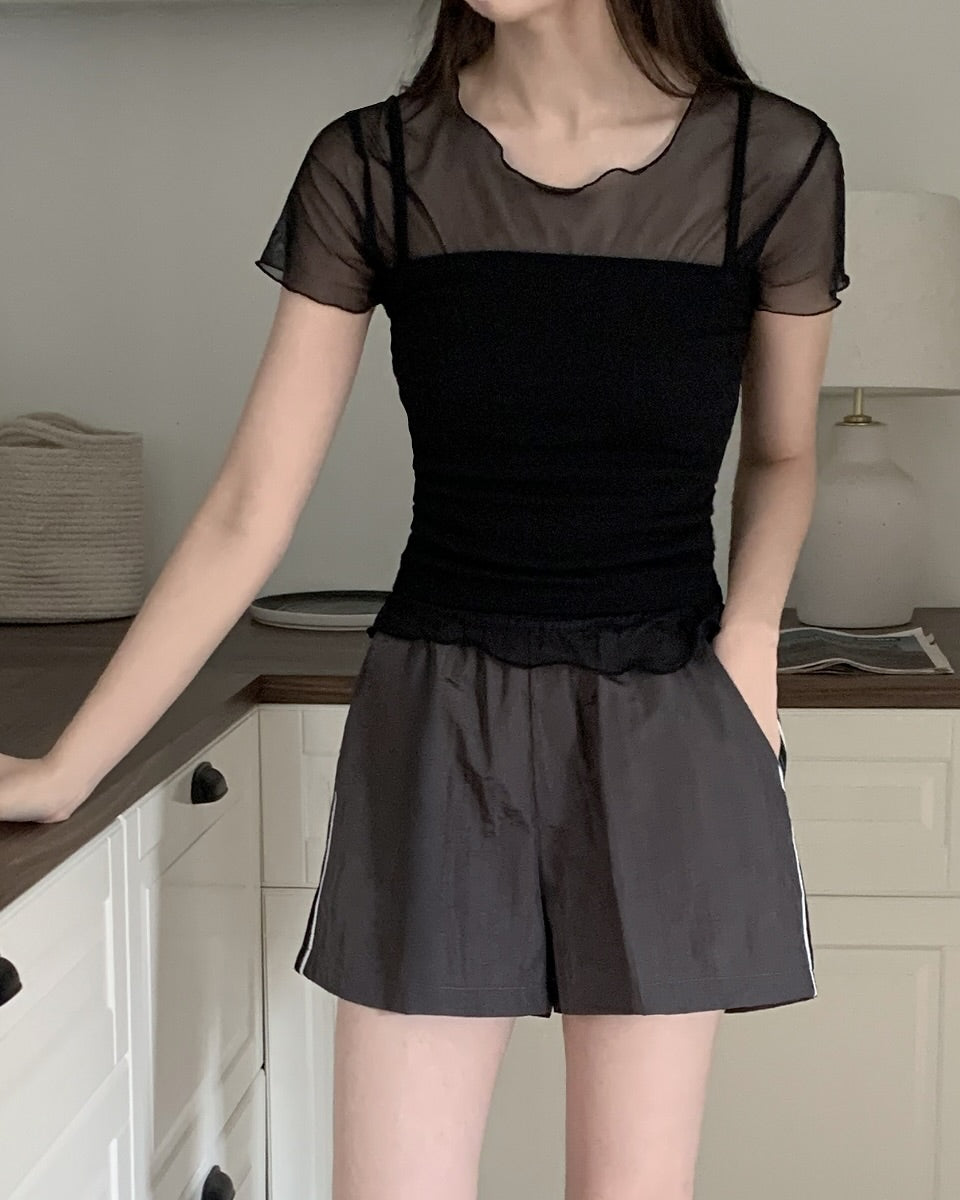 透膚捲邊上衣連內搭背心set｜3色入