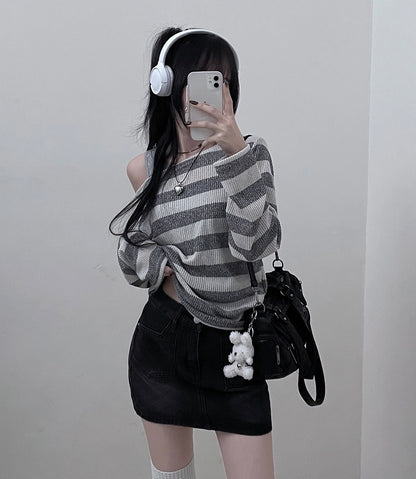 Striped Off Shoulder Knitwear Long Sleeve T-Shirt｜2色入