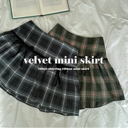 英式格子蝴蝶結薄絨面短裙｜2色入