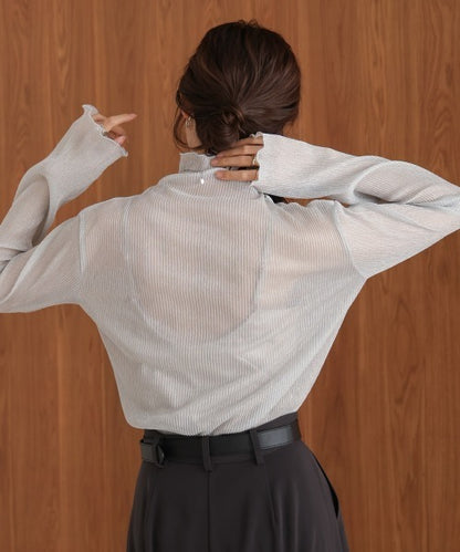 JP透明感🫧 細閃褶間透透高領上衣｜2色入