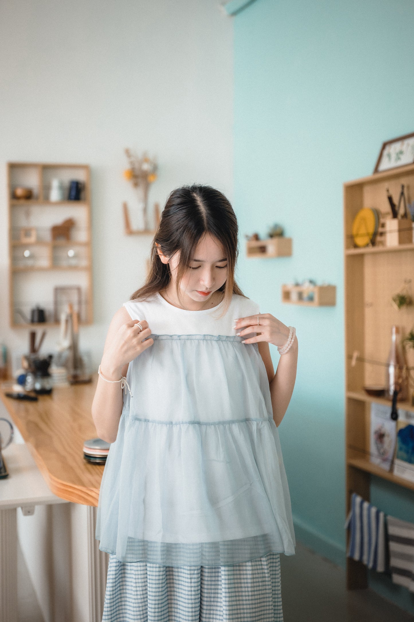 拼接蛋糕半紗背心｜4色入