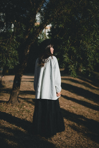 棉麻壓摺泡泡袖上衣｜3色入