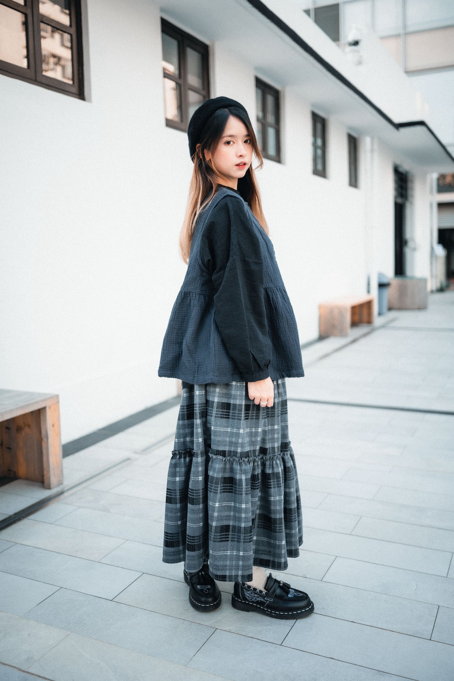 挺布料薄絨面冬日格紋半裙｜2色入