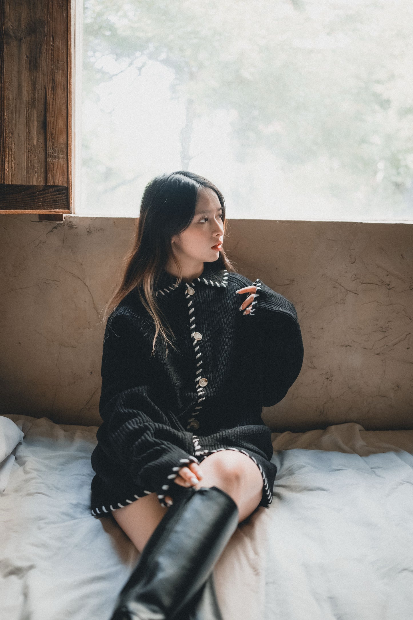 白色粗車線反領針織外套｜2色入