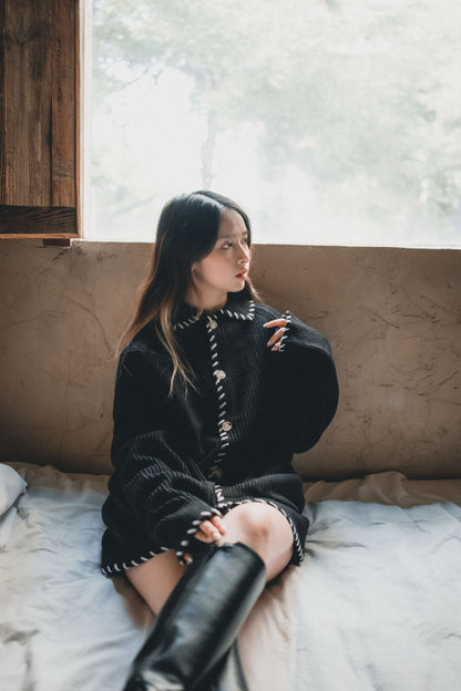 白色粗車線反領針織外套｜2色入