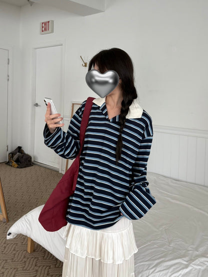 橫紋拼色間條翻領長袖tee｜4色人