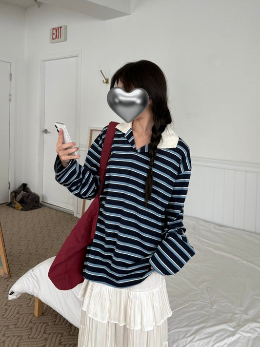 橫紋拼色間條翻領長袖tee｜4色人