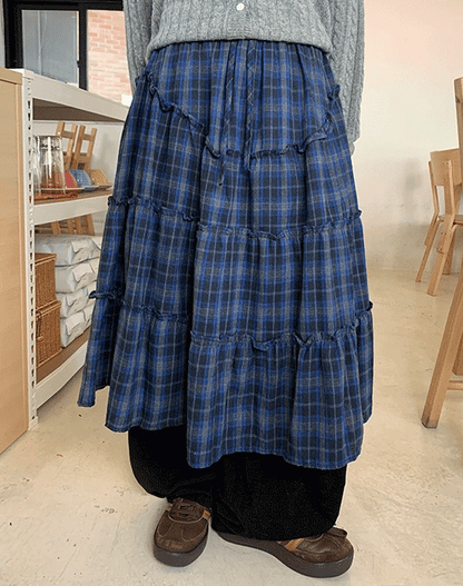 日系格紋荷葉邊復古長裙｜2色入