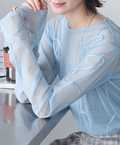 jp🇯🇵 立體線條刺繡透明長袖top｜8色入