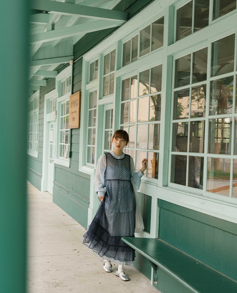 立體點點蛋糕下擺透膚綁帶罩衫｜4色入