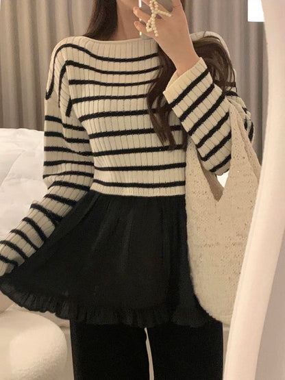 寬領口橫紋針織上衣｜4色入