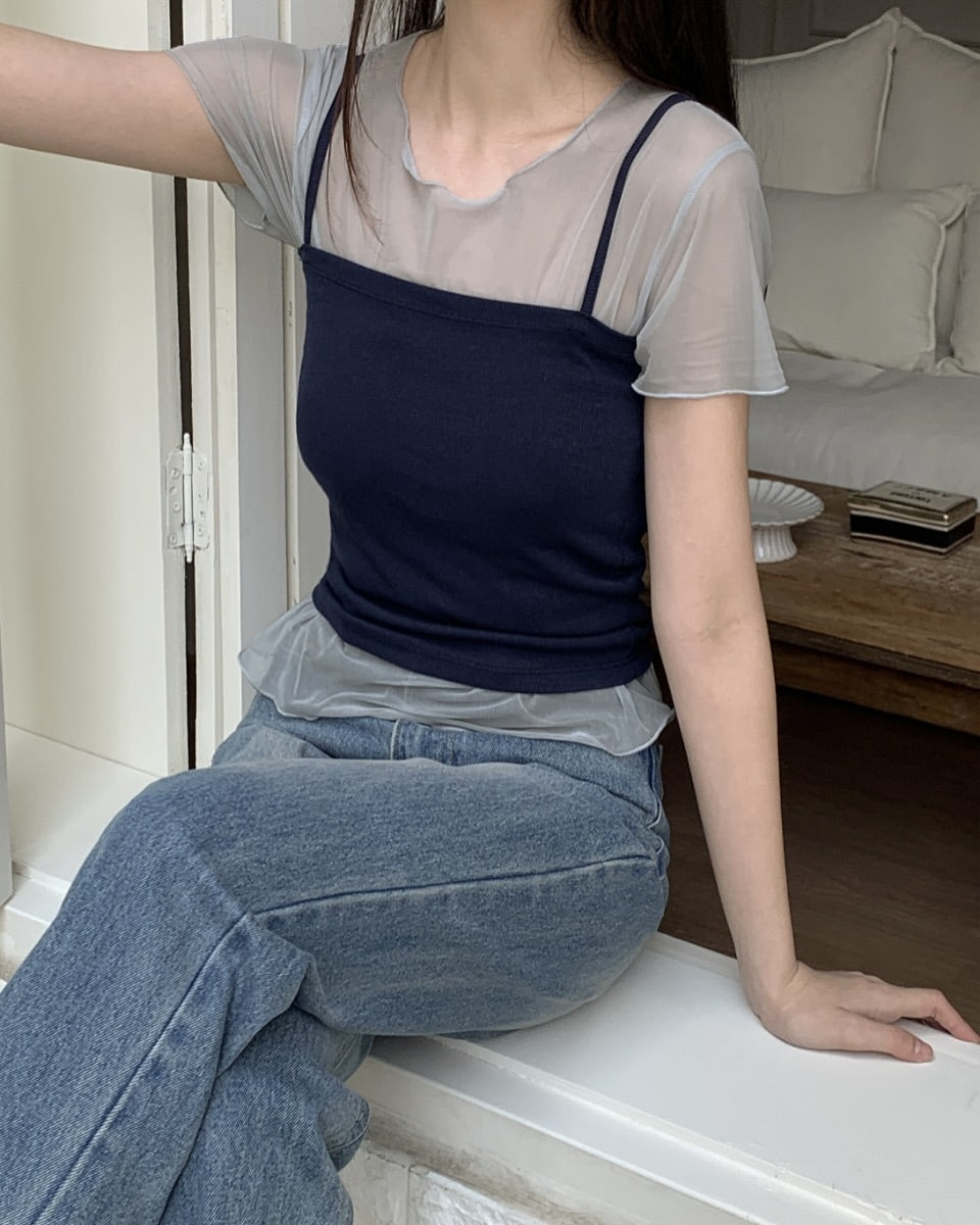 透膚捲邊上衣連內搭背心set｜3色入
