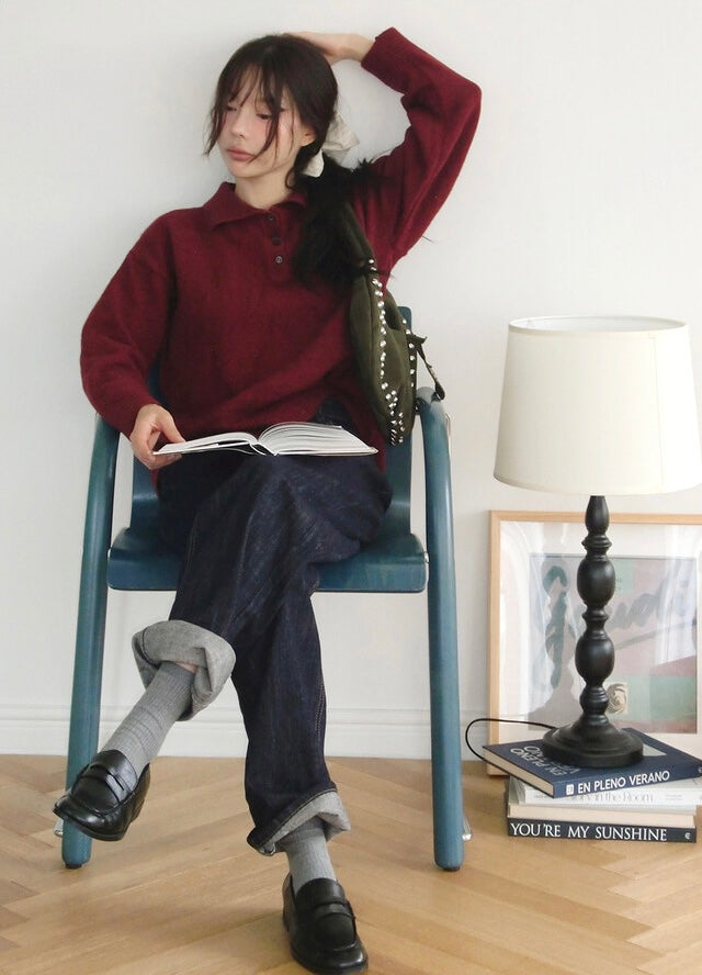 寬鬆鈕扣領羊毛針織衫｜8色入