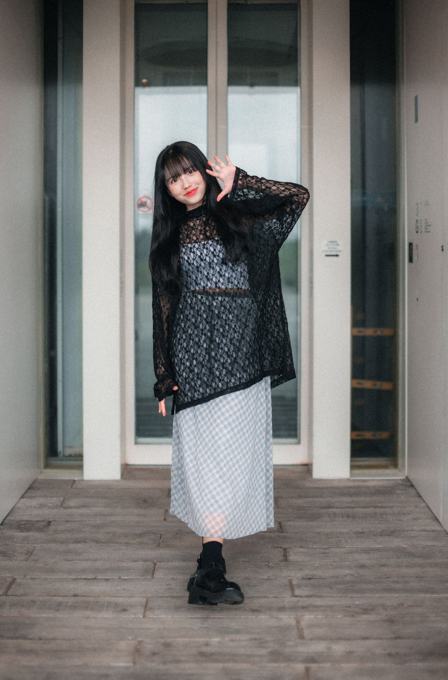 法式半透紗斜格紋半身裙｜2色入