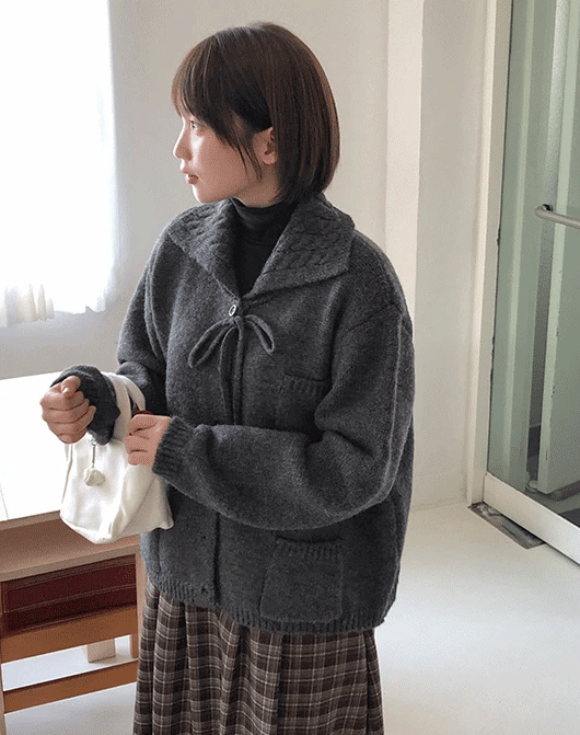 蝴蝶結領大翻領口袋開衫｜3色入