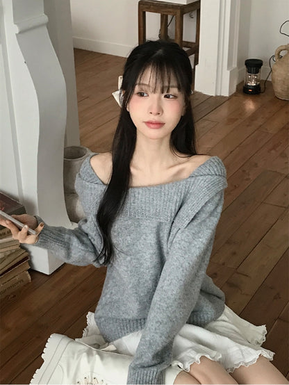 小金扣不規則露肩針織衫｜3色入