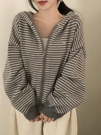 慵懶風橫條連帽jacket｜5色入