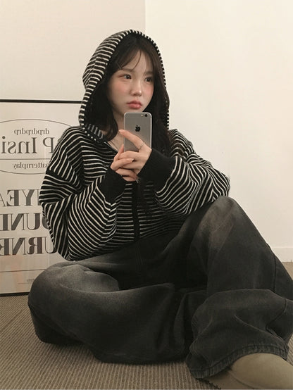 慵懶風橫條連帽jacket｜5色入