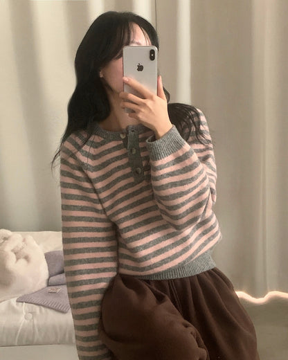 Henley-Neck Daily Stripe Knit｜5色入