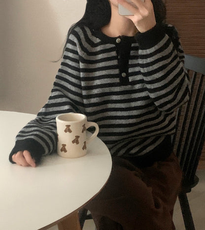 Henley-Neck Daily Stripe Knit｜5色入