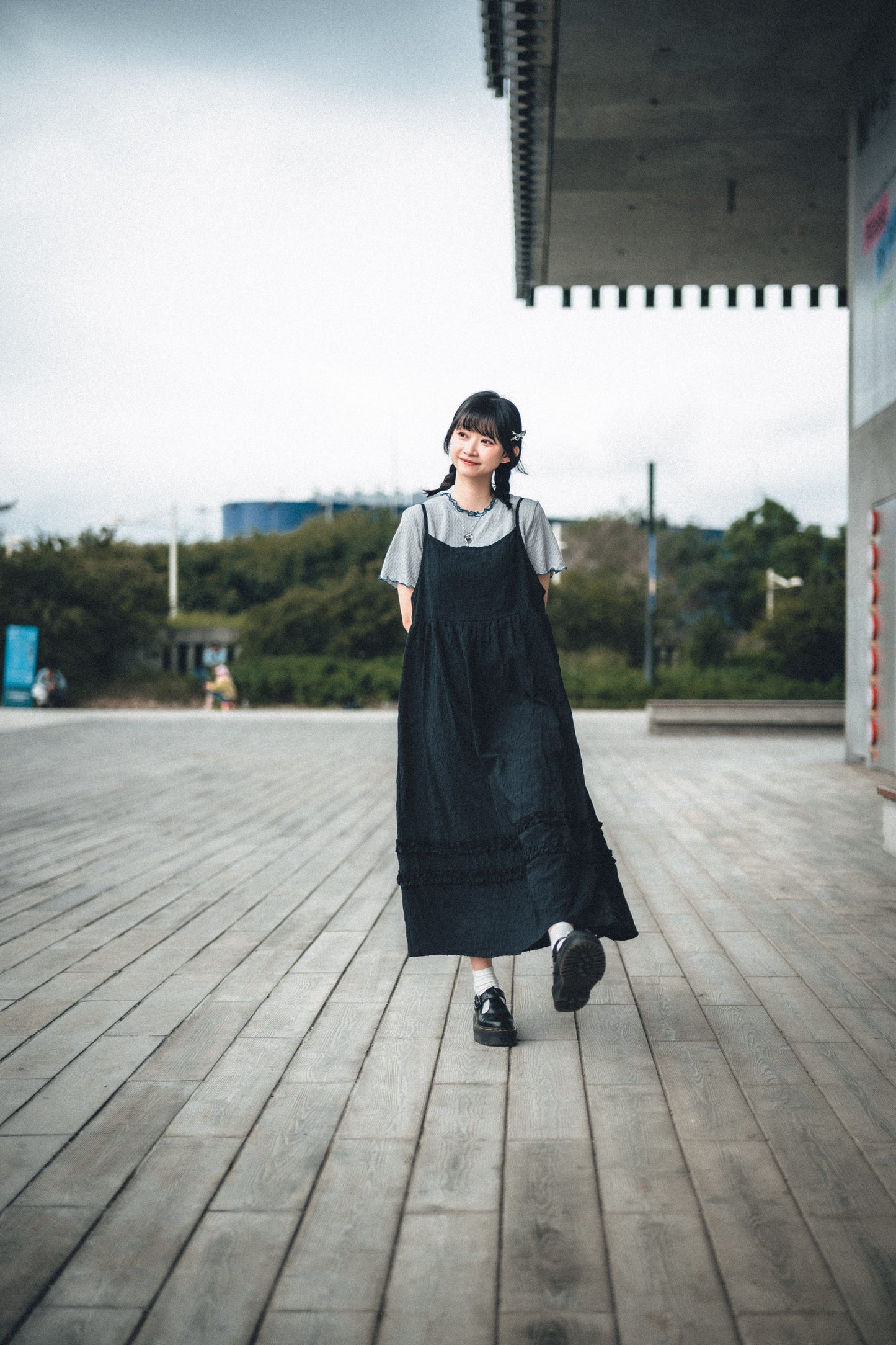 背綁帶壓格紋兩重Ruffle OPS｜3色入