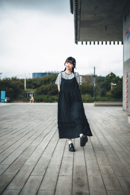 背綁帶壓格紋兩重Ruffle OPS｜3色入