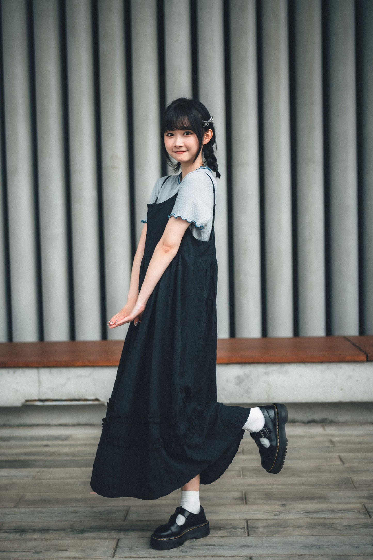 背綁帶壓格紋兩重Ruffle OPS｜3色入