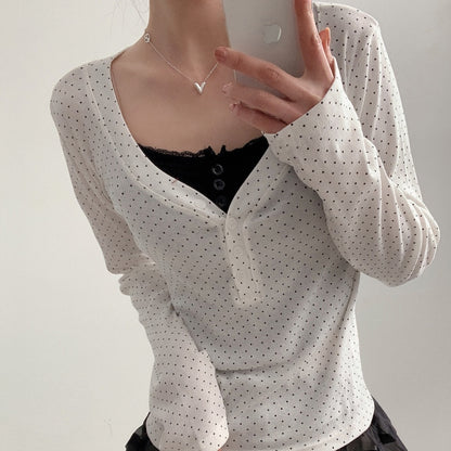 圓點鈕扣長袖T恤｜2色入