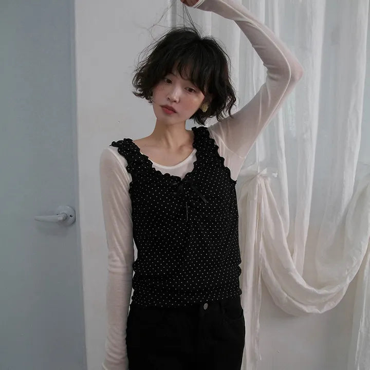 圓點褶皺織帶無袖上衣｜3色入