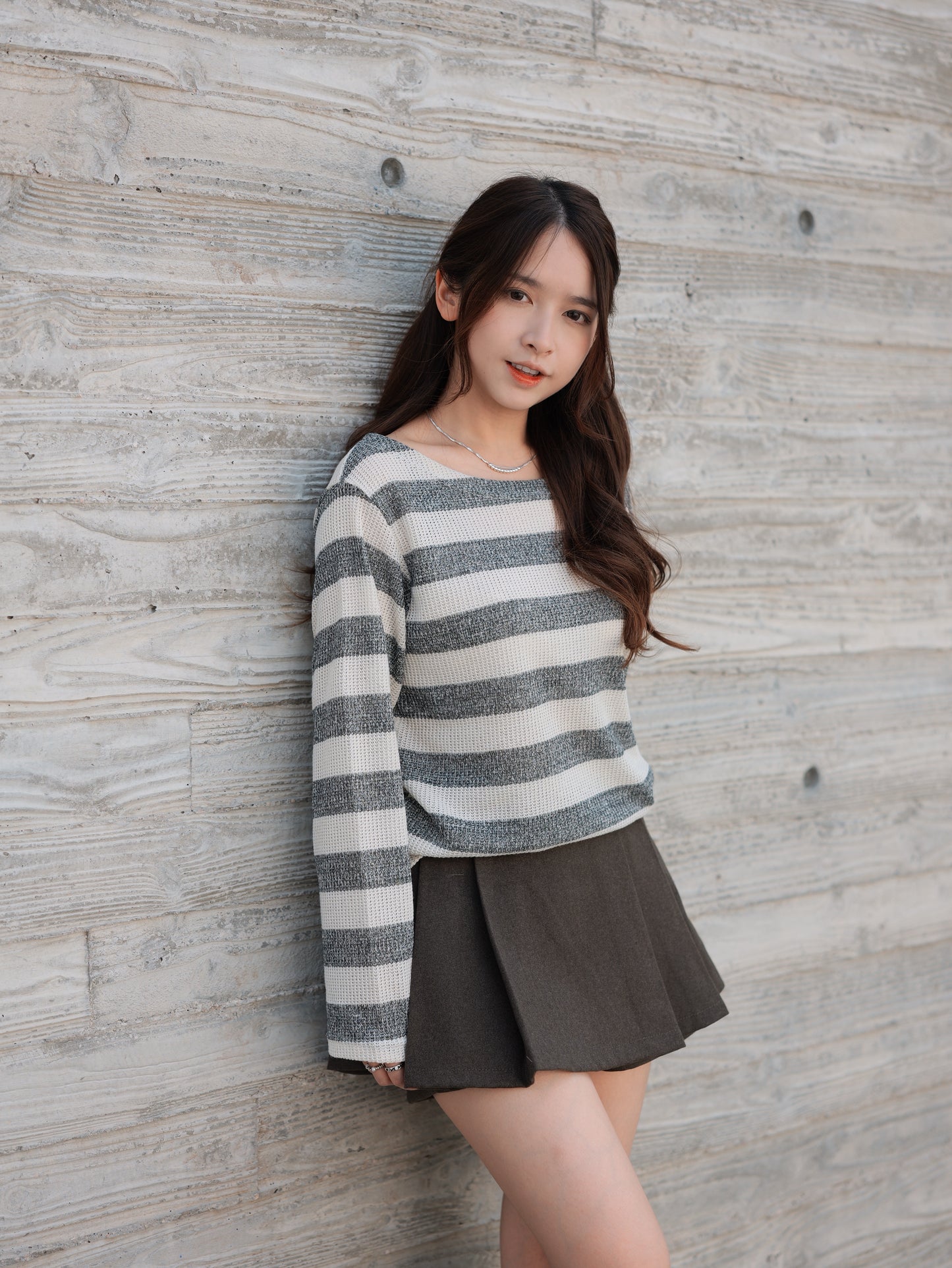 Striped Off Shoulder Knitwear Long Sleeve T-Shirt｜2色入