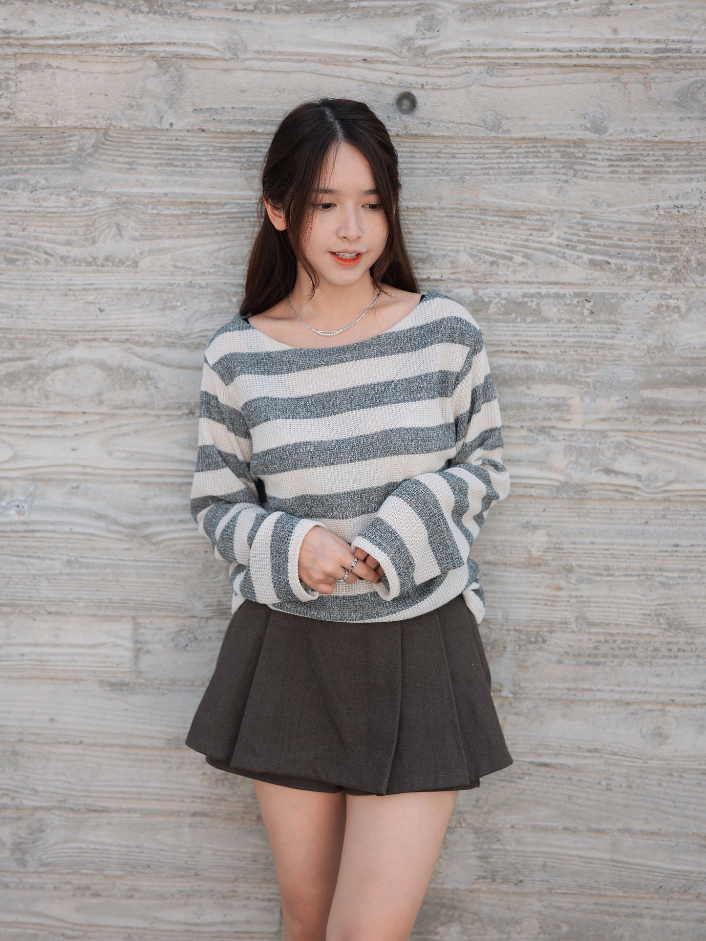 Striped Off Shoulder Knitwear Long Sleeve T-Shirt｜2色入