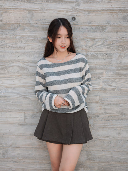 Striped Off Shoulder Knitwear Long Sleeve T-Shirt｜2色入