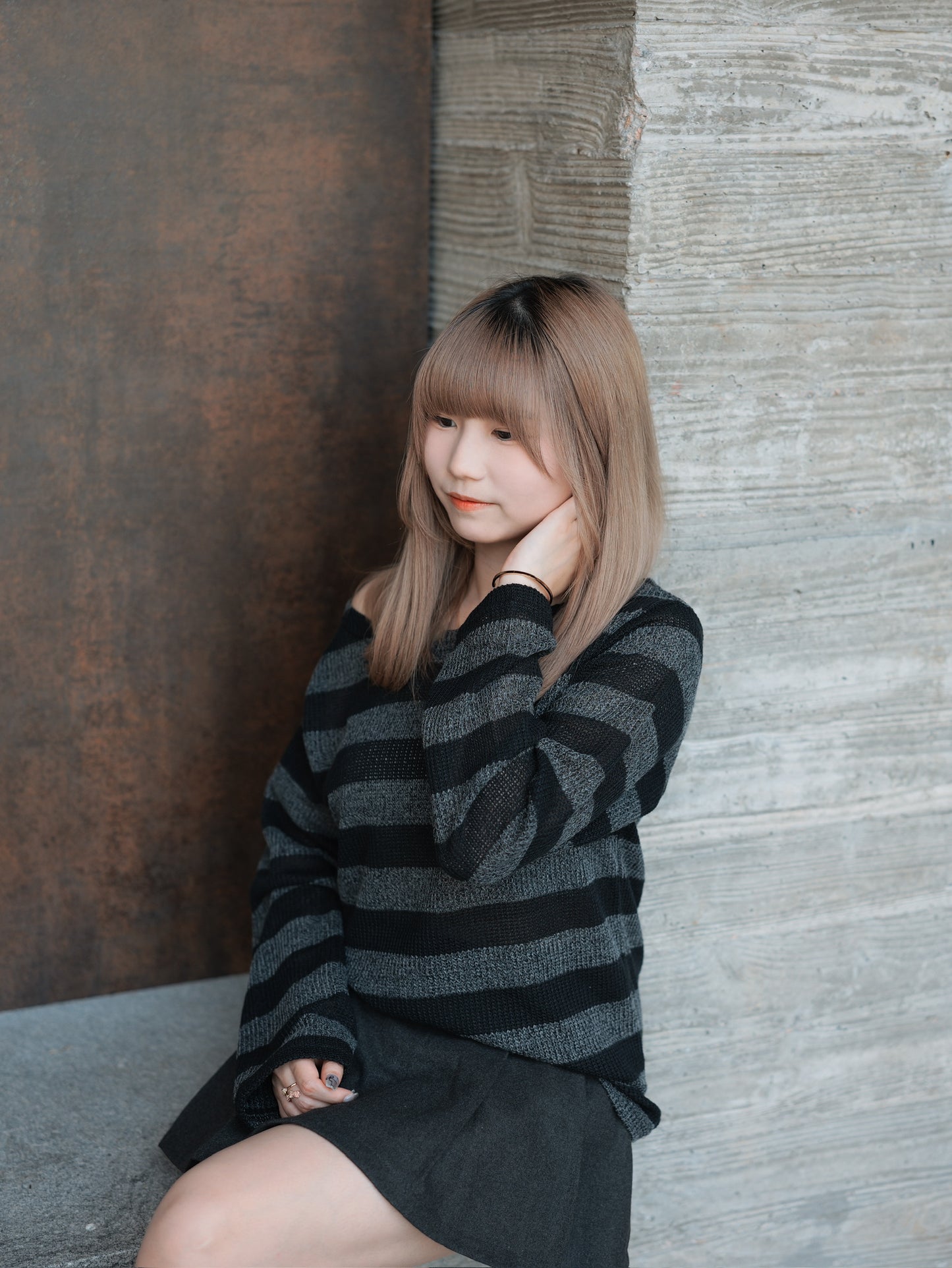 Striped Off Shoulder Knitwear Long Sleeve T-Shirt｜2色入