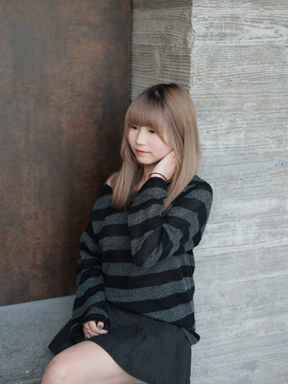 Striped Off Shoulder Knitwear Long Sleeve T-Shirt｜2色入