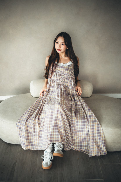 夏季色系🍬格子斜ruffle吊帶ops｜3色入